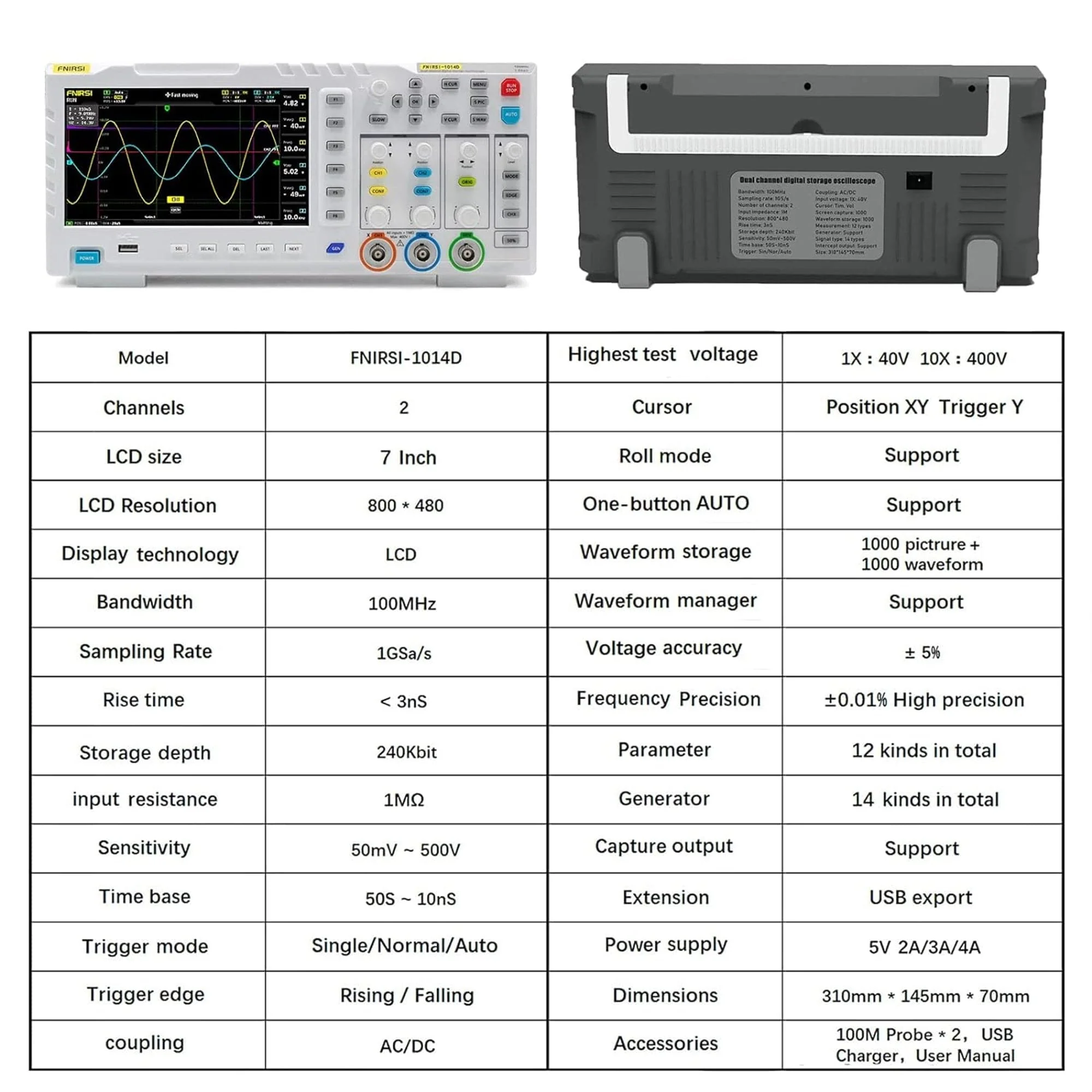 FNIRSI® 1014D 2-IN-1 Dual Channel 100MHz 1GS/s Digital Oscilloscope Signal Generator - Image 9