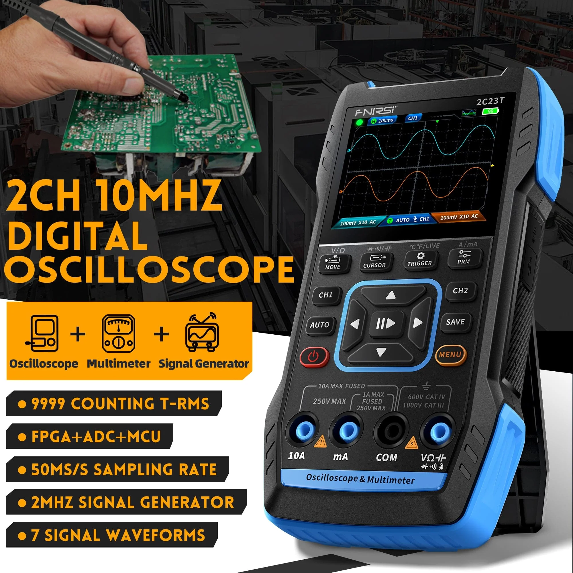 FNIRSI® 2C23T Handheld Dual Channel 3-in-1 10MHz 50MS/s Oscilloscope Multimeter DDS Function Generator - Image 4