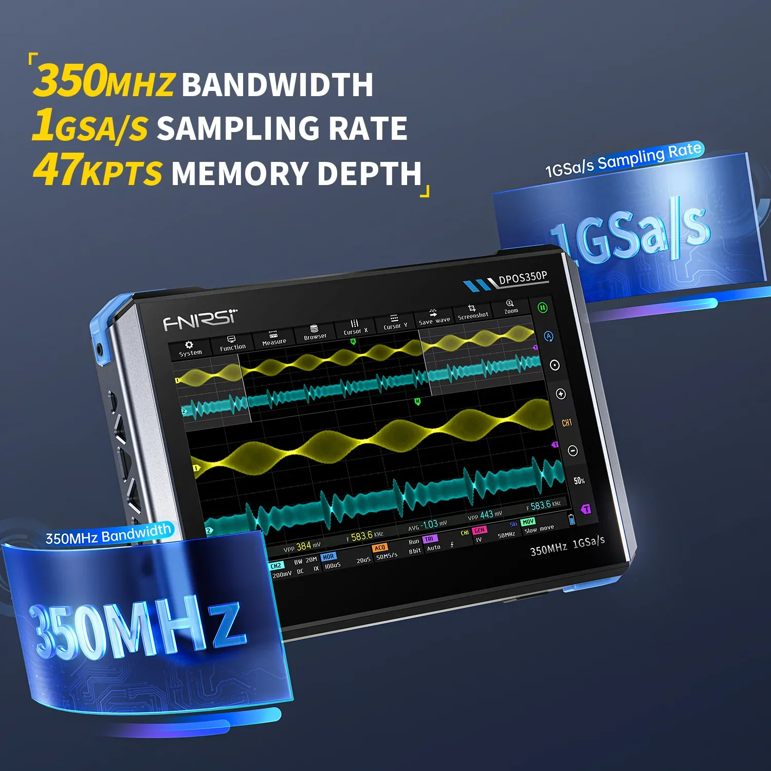 FNIRSI® DPOS350P 4-IN-1 350MHz 1GSPS Tablet Oscilloscope Signal Generator Spectrum Analyzer Frequency Response Analyzer - Image 3