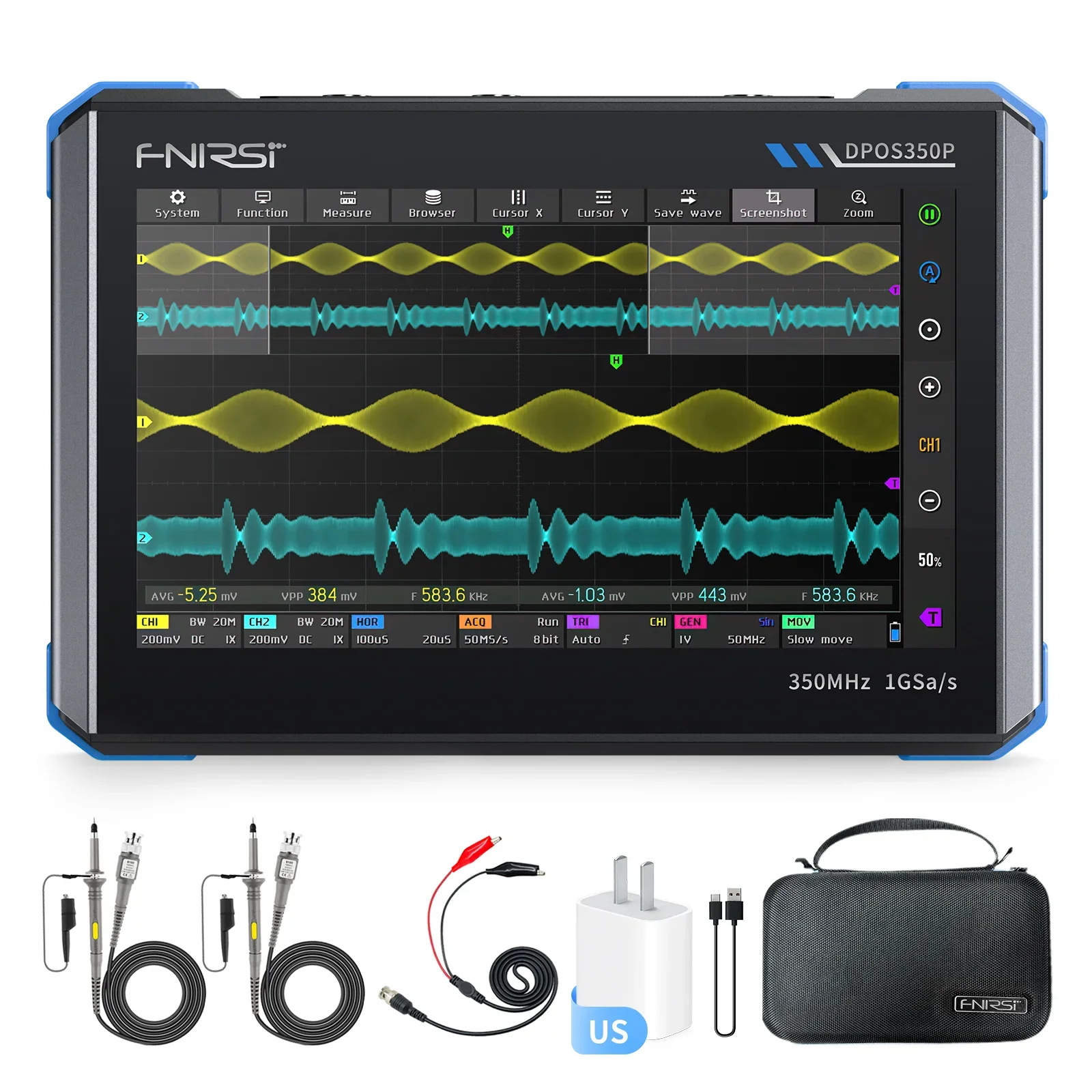 FNIRSI® DPOS350P 4-IN-1 350MHz 1GSPS Tablet Oscilloscope Signal Generator Spectrum Analyzer Frequency Response Analyzer - Image 9