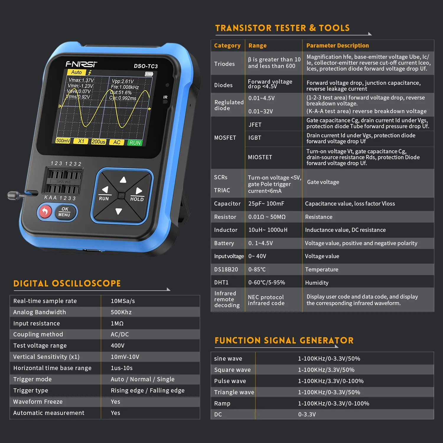 FNIRSI® DSO-TC3 3-IN-1 Handheld 500KHz 10MS/s Digital Oscilloscopes Signal Generator Transistor Tester - Image 9