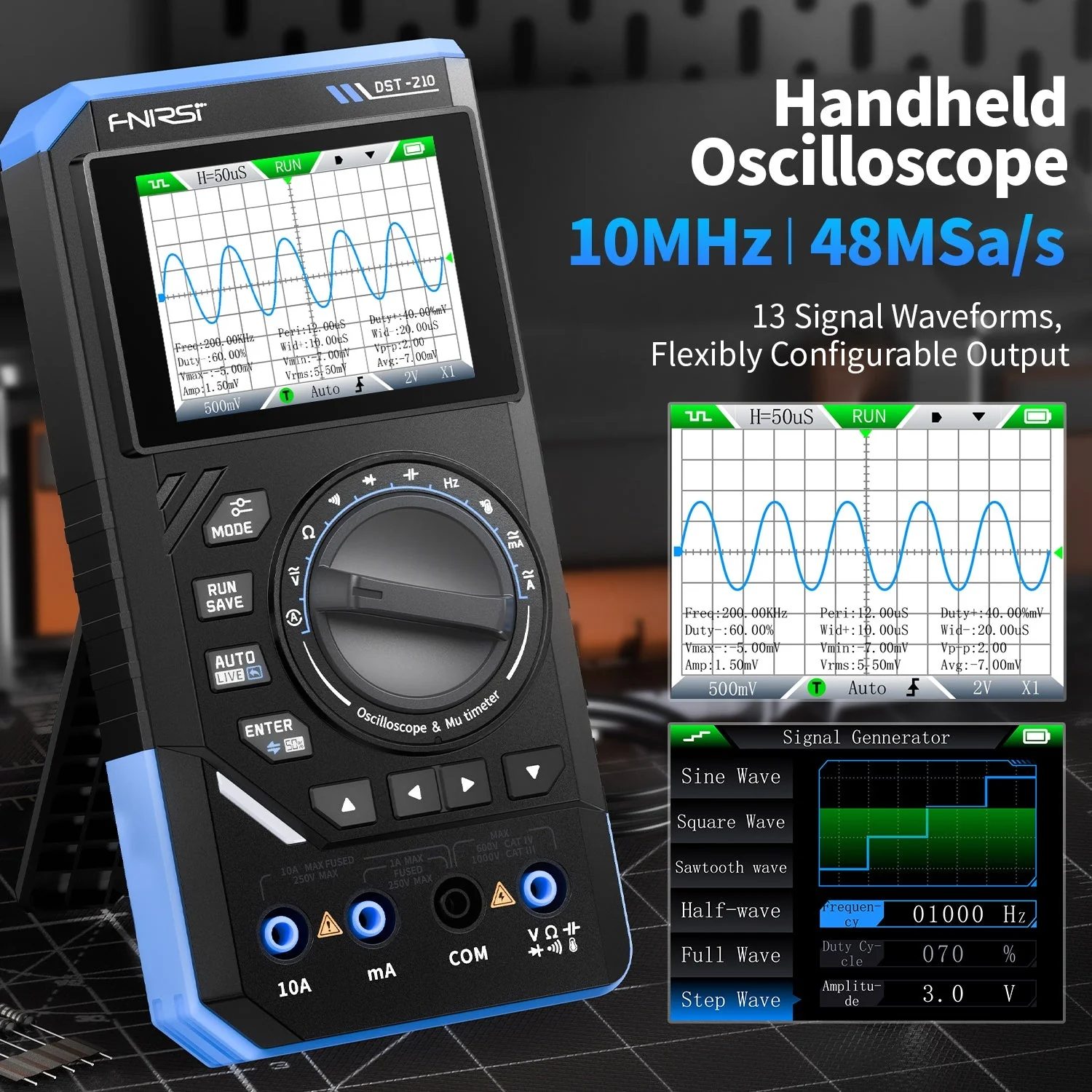 FNIRSI® DST-210 / DST-201 Handheld 3-IN-1 Multimeter Oscilloscope Signal Generator - Image 4
