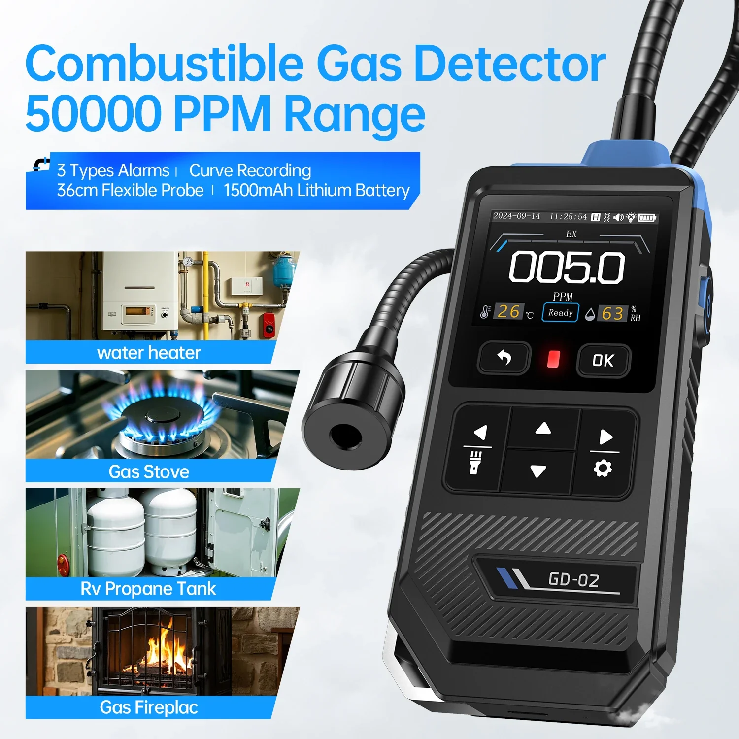 FNIRSI® GD-02 Portable Combustible Gas Detector Color Screen Methane Propane Isobutane Monitor - Image 4